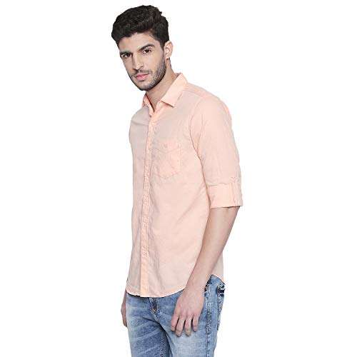 MUFTI Peach Plain Full Sleeved Cotton Linen Shirt 3