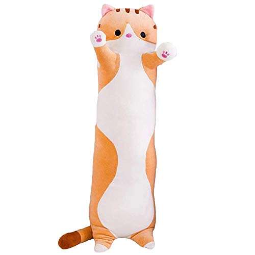 Plush Long Pillow Toy, Cute Cat Doll Cushion, Plush Cat Toy Skin-friendlyelastic Long Doll Pillowcase (L, Brown) 2