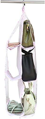 Pink Pari 6 Pocket Foldable Hanging Purse Handbag Organizer for Storage Ladies Women Large Clear Hand Bag Storage Organizer Closet Tidy Wardrobe Rack Hangers Holder for Fashion Handbag Purse Pouch 4