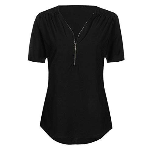 Women Tops Summer V- Neck Zipper Plain T Shirts Long Sleeve Short Sleeve Sleeveless Casual Loose Blouses 5