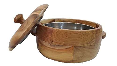 Shopeum ™ Wooden Solid Round Casserole with Tong (Brown, 1900 ml). 4