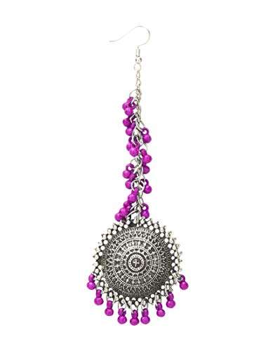 Yellow Chimes German Oxidised Silver Antique Traditional Maang Tikka with Earrings Jewellery Set for Women and Girls (Pink) 4