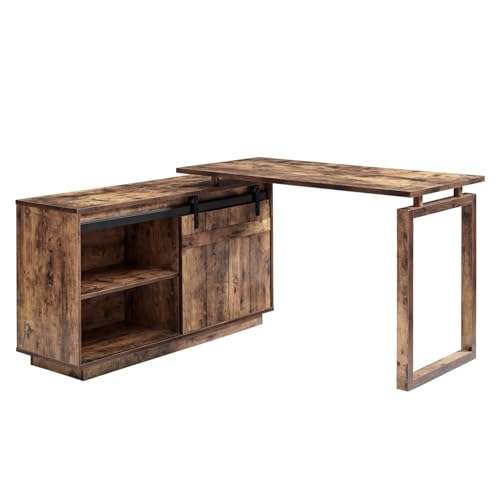 Aidek Desk L-Shaped Workstation Home Office Attached Storage credenza Sliding barn Door Finished on The Back Reversible Distressed Wood 5