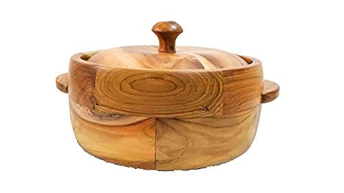 Shopeum ™ Wooden Solid Round Casserole with Tong (Brown, 1900 ml). 2