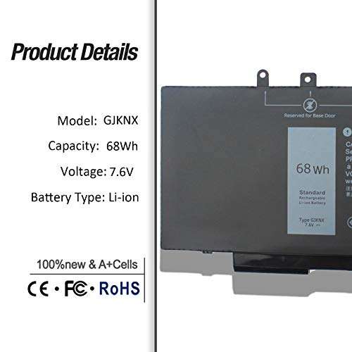 GJKNX 5480 5580 GD1JP Battery Compatible with Dell Latitude 5480 5580 5280 5590 5490 E5480 E5580 E5490 E5590 E5591 Precision 15 3520 3530 Series 0GD1JP DY9NT 0DY9NT 5YHR4 451-BBZG 7.6V 68Wh 3