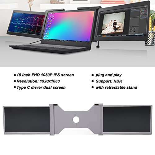 Triple Monitor for Laptop, 15 inch Full HD 1080P IPS Display, Laptop Monitor Dual Screen Extender, Type C Portable Monitor for 15-17 inch Laptops(Space Gray) 6