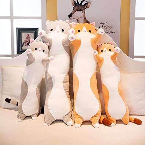 Plush Long Pillow Toy, Cute Cat Doll Cushion, Plush Cat Toy Skin-friendlyelastic Long Doll Pillowcase (L, Brown) 5