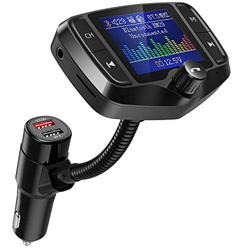 Nulaxy Bluetooth FM Transmitter, Wireless Radio Adapter Hands-Free Car Kit with 1.8 Inch Display, QC 3.0 & 5V/2.4A, USB Drive & SD Card Aux in & Out 2