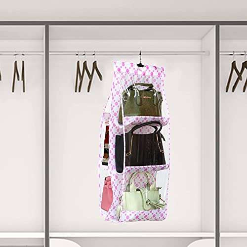 Pink Pari 6 Pocket Foldable Hanging Purse Handbag Organizer for Storage Ladies Women Large Clear Hand Bag Storage Organizer Closet Tidy Wardrobe Rack Hangers Holder for Fashion Handbag Purse Pouch 2