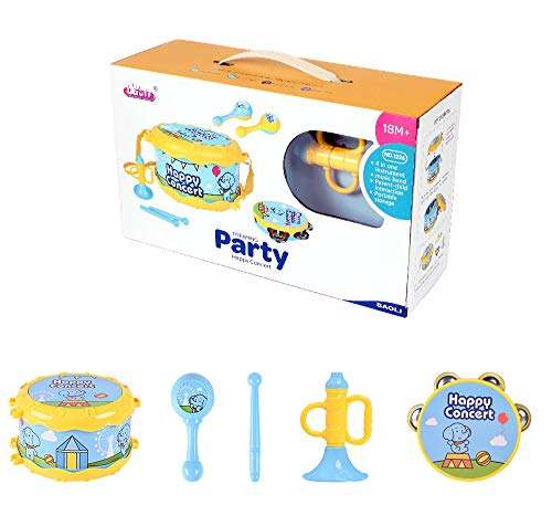 MeeYum Baby Musical Toys Pretend Play Drum Set Instruments 4 Pc Band Includes Bell, Horn, Sand Hammer, Drumsticks for Toddler and Kids 6