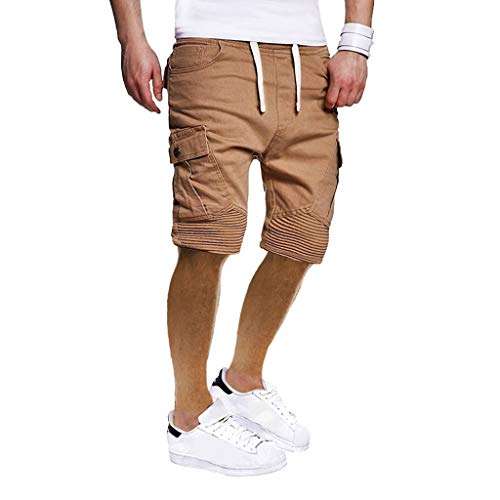 Men Shorts Cargo Big and Tall Slim Fit Multi-Pockets Stretch Elastic Waist Sport Pleated Casual Beach Pants (L, Khaki) 6