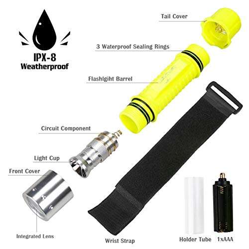 Jisell Scuba Diving Flashlight 3 Modes Handheld IPX8 Waterproof Level Underwater Torch Scuba Safety Light with Battery Charger 5