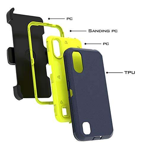 UNC Pro 3 in 1 Belt Clip Holster Cell Phone Case for Samsung Galaxy A01, Heavy Duty Hybrid Shockproof Bumper Case with Kickstand, Navy Blue/Yellow 6