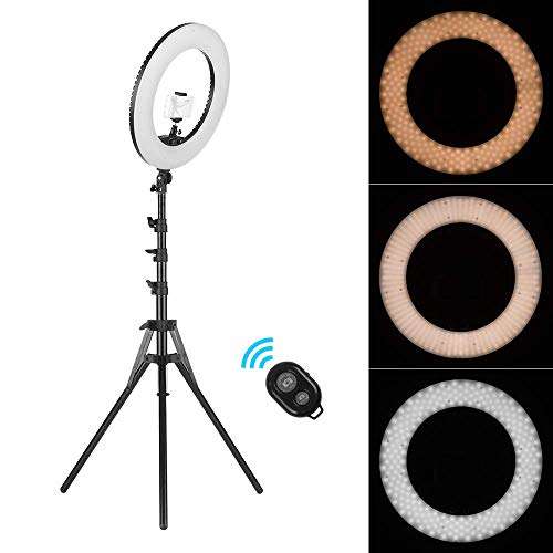 18 Inch Dimmable SMD LED Ring Light Kit 48W Stepless Brightess Adjustment 3200K-5600K Lighting Ringlight with Tripod Stand Carrying Bag Cell Phone Holder Hot Shoe Adapter 3