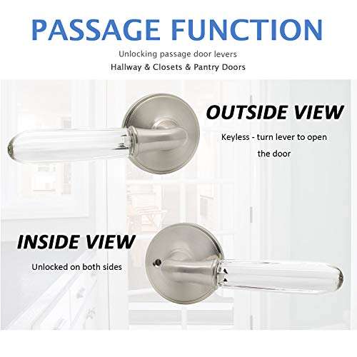 Interior Door Knobs Handles Modern Glass Door Knobs Passage Door Levers with Contemporary Satin Nickel Finish, Keyless Drop Door Handlesets for Hallway Closets, Reversible Handing - 2 Pack 6