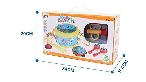 MeeYum Baby Musical Toys Pretend Play Drum Set Instruments 4 Pc Band Includes Bell, Horn, Sand Hammer, Drumsticks for Toddler and Kids 4