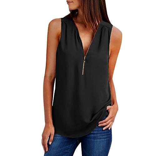 Women Tops Summer V- Neck Zipper Plain T Shirts Long Sleeve Short Sleeve Sleeveless Casual Loose Blouses D-Black 2