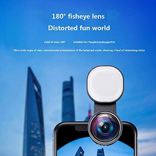 Monocular Lens Kit for Smart Phone Phone Camera Lens 180░Fisheye Lens 20X Macro Lens 135░Wide-Angle Lens with Fill Light for Bird Watching/Concert 6