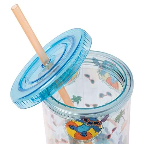 Silver Buffalo Disney Lilo and Stitch Beach Island Stitch in Floatie Swim Ring Plastic Glitter Cold Cup with Lid and Straw, 20 Ounces 5