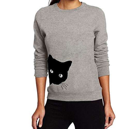 Women's Cat Print Lightweight Sweatshirt Girl Crewneck Long Sleeve Casual Pullover Tops Shirt D-Gray 5