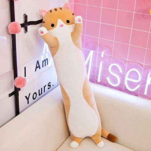 Plush Long Pillow Toy, Cute Cat Doll Cushion, Plush Cat Toy Skin-friendlyelastic Long Doll Pillowcase (L, Brown) 6