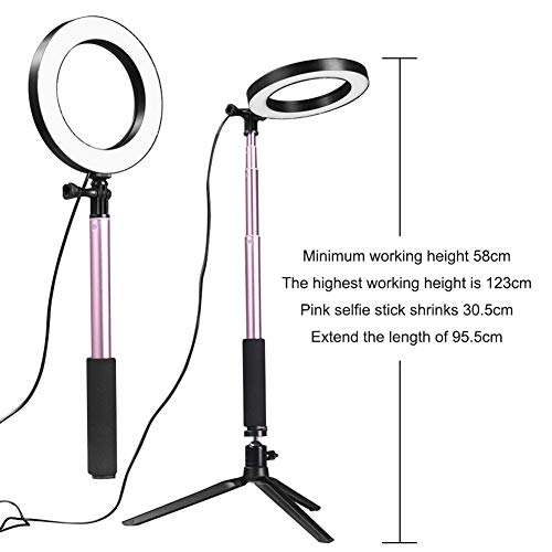 YESBAY Dimmable LED Phone Camera Selfie Ring Makeup Flash Light Lamp with Stand Tripod for Smartphone YouTube Self-Portrait Video Shooting Pink 16cm 3