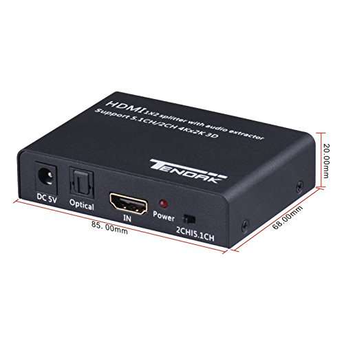 Tendak 1X2 4K HDMI Splitter with Audio Extractor + Optical and R/L Output Powered 1 in 2 Out Signal Distributor Support 3D for PS4 Xbox One DVD Blu-ray Player HD TV Projector 5