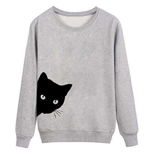 Women's Cat Print Lightweight Sweatshirt Girl Crewneck Long Sleeve Casual Pullover Tops Shirt D-Gray 2