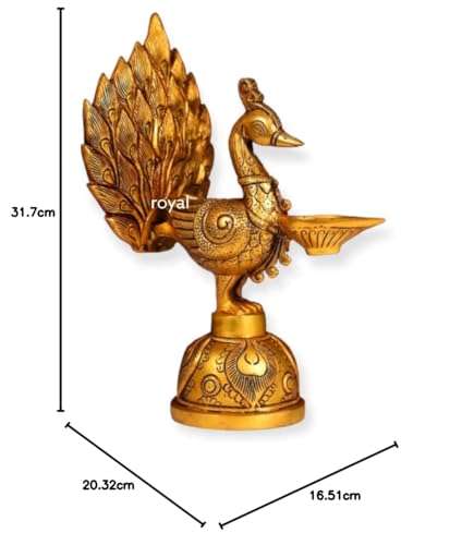 IYI MERCHANT Brass Peacock Diya Stand | Golden Color Peacock Brass Diya Stand for 1 Wick | LxWXH - 20.32 x 16.51 x 31.7 cm, Wt. - 3.5 Kg 4