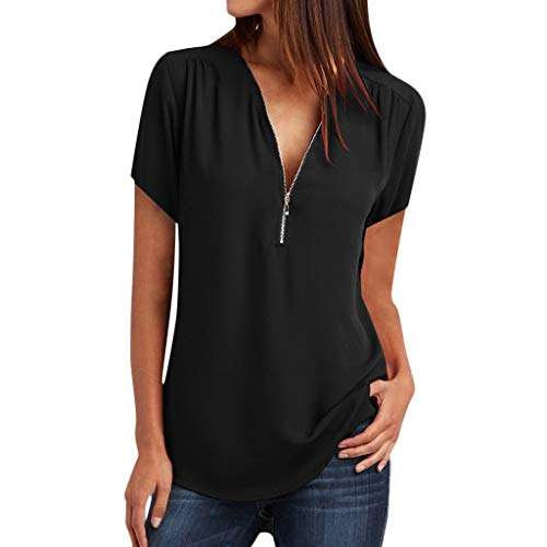 Women Tops Summer V- Neck Zipper Plain T Shirts Long Sleeve Short Sleeve Sleeveless Casual Loose Blouses 2