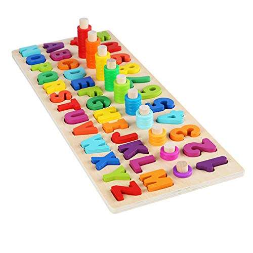 Meile 4-in-1 Wooden Number Puzzle Toy Sorting Counting Game Wooden Blocks Puzzle Board Set Alphabet ABC with Wood Colorful Number Shape Math Blocks for Kids Toddlers Preschool Educational Toys 6