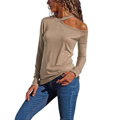 One Off Shoulder t-Shirt for Women, Solid Color Round Neck Long Sleeve Casual Fall Shirts Blouse Tops Pullover Tees(Khaki, XXL) 2