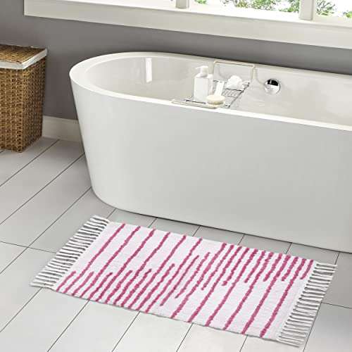 95 Threads Cotton Tufted Bath/Striped Super Absorbent Non Slip Bath Mat Bathroom Rugs for Home / Livingroom / Bedroom (White-Pink, 20X30 Inch) 3