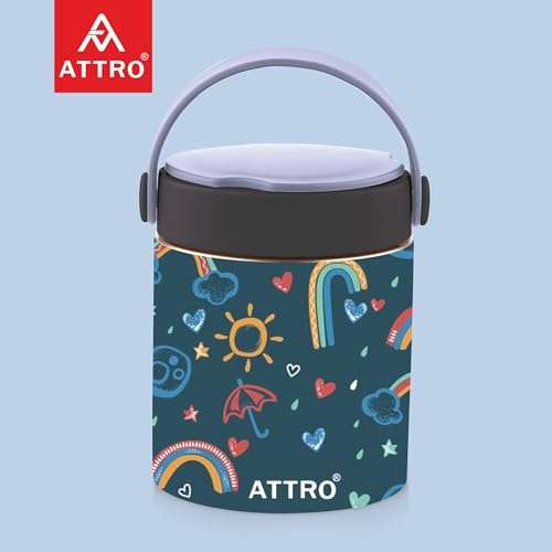 ATTRO Happy Go Vacuum Insulated ISI Certified Stainless Steel Soup Jar 500ml, Leakproof & BPA-Free for Kids & Adults, Long Temperature Retention,Ideal for School, Office & Travel-Rainbow Magic Blue 5