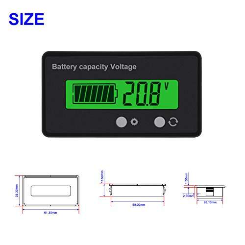 LCD 6-63V Battery Capacity Monitor Gauge Meter,Voltage Capacity Percent Meter Battery Indicator, DC 12V/24V/36V/48V Monitor Green Backlight for Lithium Batteries and Lead-acid Batteries 5
