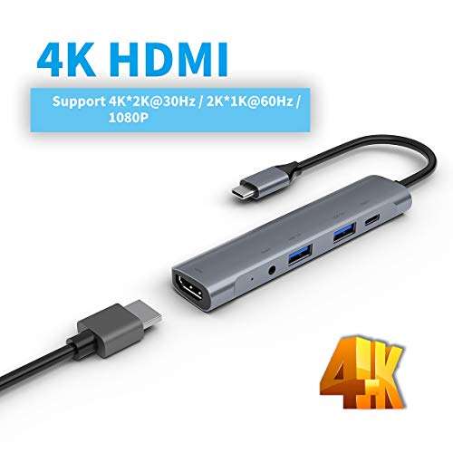 USB C Hub,5 in 1 USB-C Hub with 60W PD Charging Port Type-c to 4K HD -Compatible USB3.0 USB 2.0 Adapter 5