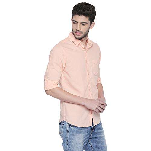 MUFTI Peach Plain Full Sleeved Cotton Linen Shirt 4