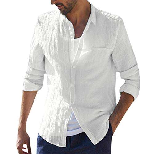 Hmlai Clearance Mens Long Sleeve Cotton Linen Shirts Button Down Lightweight Retro Baggy Casual Beach Yoga Tops Blouse (M, White) 2