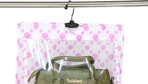 Pink Pari 6 Pocket Foldable Hanging Purse Handbag Organizer for Storage Ladies Women Large Clear Hand Bag Storage Organizer Closet Tidy Wardrobe Rack Hangers Holder for Fashion Handbag Purse Pouch 5