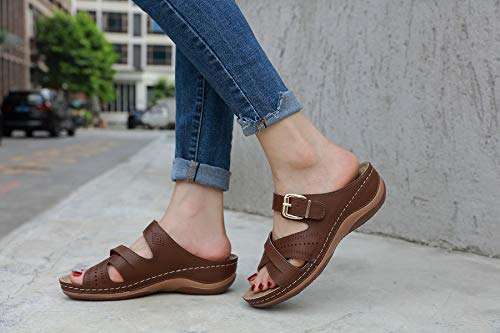 Womens Flats Sandals Soft Leather Slide Sandals Comfy Summer Wedges Walking Shoes For Women Coffee Size 11 6