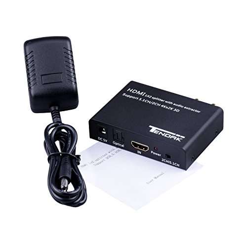 Tendak 1X2 4K HDMI Splitter with Audio Extractor + Optical and R/L Output Powered 1 in 2 Out Signal Distributor Support 3D for PS4 Xbox One DVD Blu-ray Player HD TV Projector 3