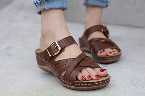 Womens Flats Sandals Soft Leather Slide Sandals Comfy Summer Wedges Walking Shoes For Women Coffee Size 11 4
