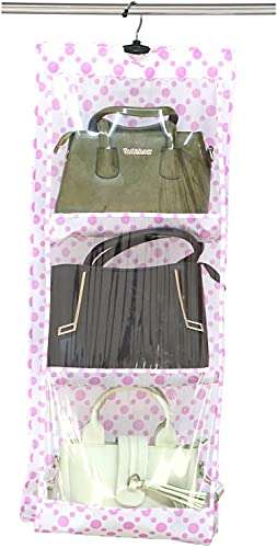 Pink Pari 6 Pocket Foldable Hanging Purse Handbag Organizer for Storage Ladies Women Large Clear Hand Bag Storage Organizer Closet Tidy Wardrobe Rack Hangers Holder for Fashion Handbag Purse Pouch 3