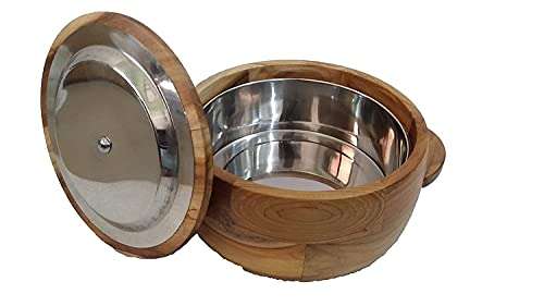 Shopeum ™ Wooden Solid Round Casserole with Tong (Brown, 1900 ml). 5