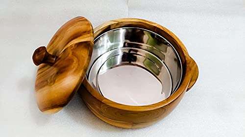 Shopeum ™ Wooden Solid Round Casserole with Tong (Brown, 1900 ml). 3