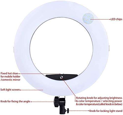ZHXDXF Photography Light Ring Light Kit 18 Inches,3200-5600K,Dimmable Led Ring Light with Light Stand, Phone Clip for Portrait Makeup Video Shooting Rings/Black 6