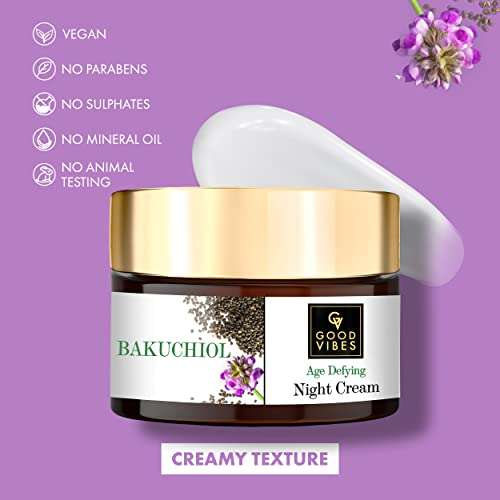 Good Vibes Bakuchiol Age Defying Night Cream, 50 g Natural Retinol, Anti-Aging, Wrinkle Control Face Moisturizer With Shea Butter, Vegan, No Parabens, Mineral Oils, Sulphates, Animal Testing 4