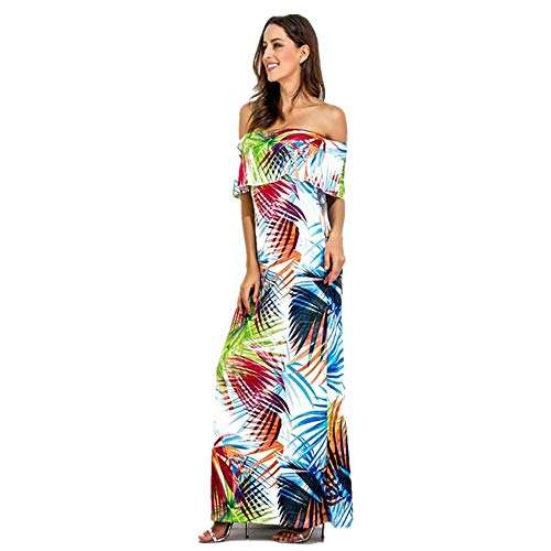 KoLan Women Dress Womens Maxi Skirts Slash Neck Sleeveless Sexy Off Shoulder Slash Collar Printing Ruffle Dresses (S, Green) 4