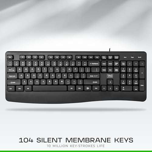 TAG Office Wired Keyboard | USB Plug and Play | Full Size Keyboard with Numeric Keypad | 104 Silent Membrane Keys | 10 Million Keystrokes | Compatible with PC, Laptop, Mac 5