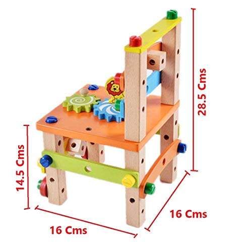 tumtum assembling disassembling wooden multi functional activity chair with nut and screw driver toys for kids, educational & learning toy for children..- Multi color 3